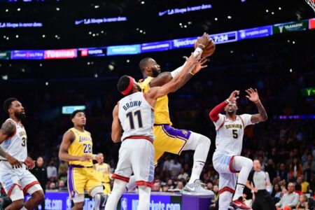 May 22, 2023; Los Angeles, California, USA; Los Angeles Lakers forward LeBron James (6) shoots the ball against Denver Nuggets forward Bruce Brown (11) during the fourth quarter in game four of the Western Conference Finals for the 2023 NBA playoffs at Crypto.com Arena. Mandatory Credit: Gary A. Vasquez-USA TODAY Sports (NBA News)