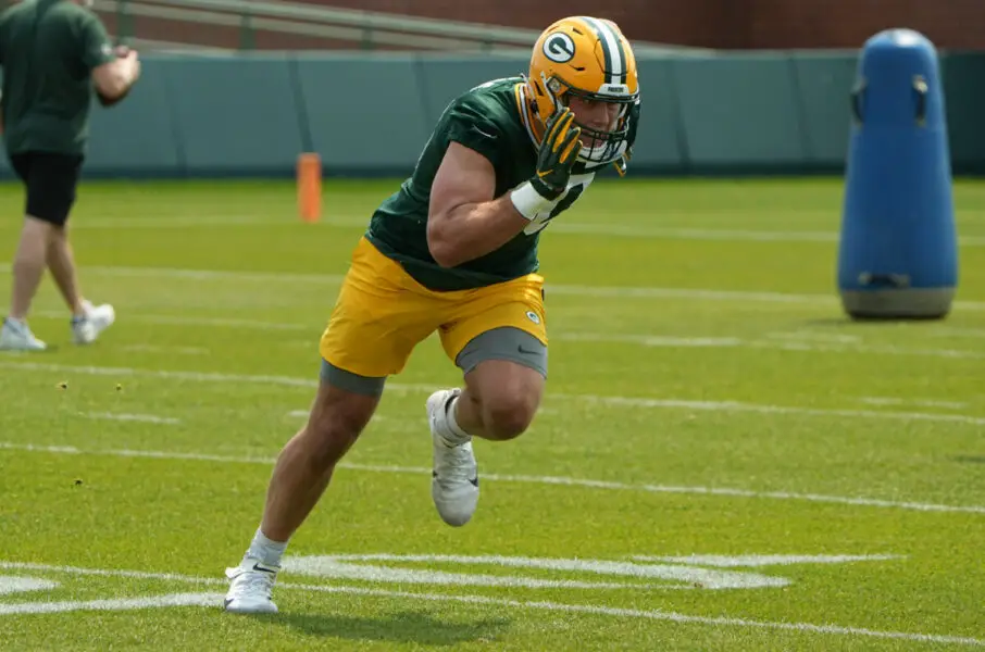 May 23, 2023; Green Bay, WI, USA; Green Bay Packers defensive end Lukas Van Ness (90) is shown during organized team activities at Ray Nitschke Field. Mandatory Credit: Jonathan Jones-USA TODAY Sports
