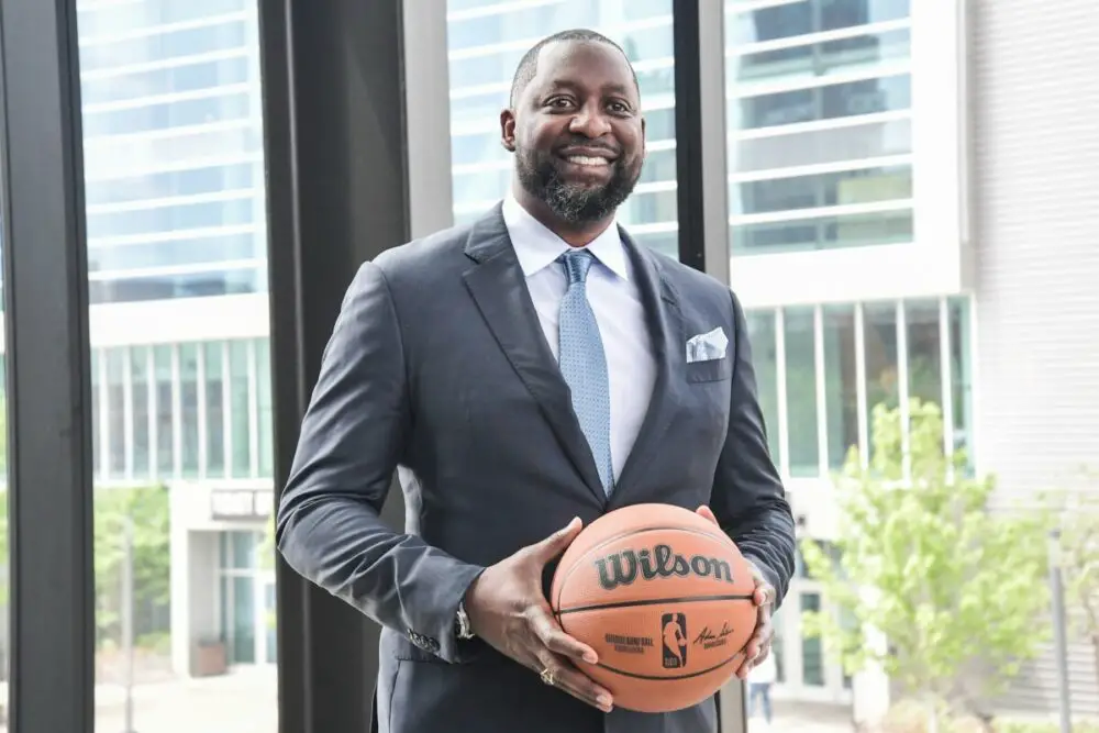 Jun 6, 2023; Milwaukee, WI, USA; Milwaukee Bucks new head coach Adrian Griffin poses for pictures at a press conference in Milwaukee. Mandatory Credit: Benny Sieu-USA TODAY Sports