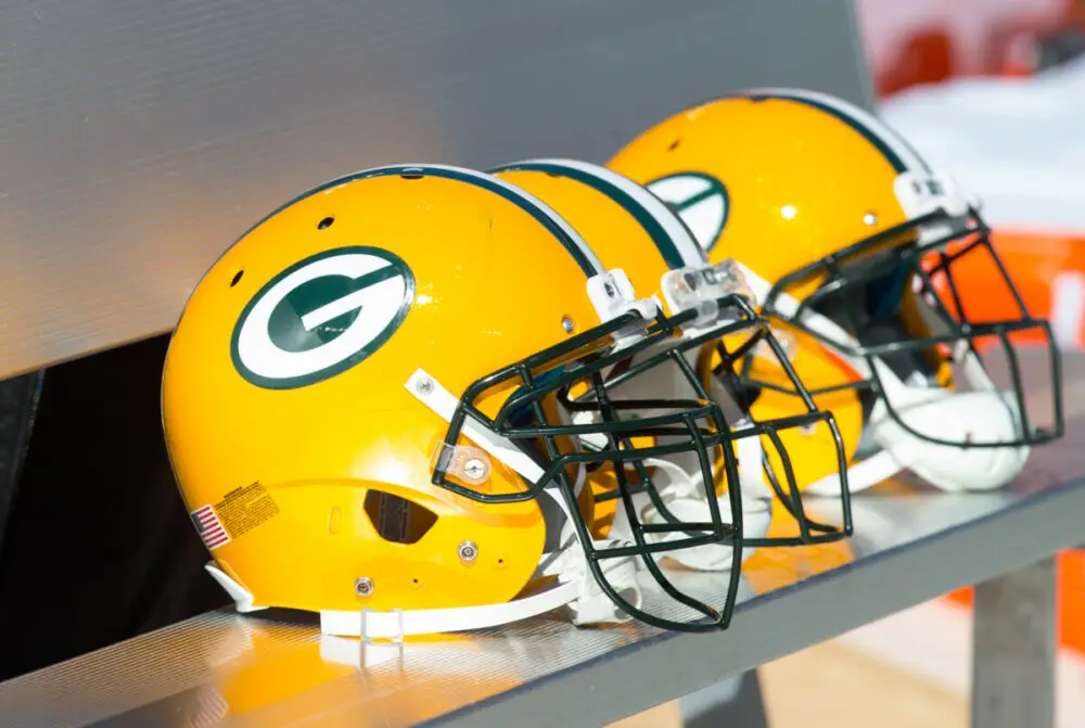 Oct 6, 2013; Green Bay, WI, USA; Green Bay Packers helmets sit on the bench prior to the game against the Detroit Lions at Lambeau Field. Green Bay won 22-9. Mandatory Credit: Jeff Hanisch-USA TODAY Sports (NFL News)