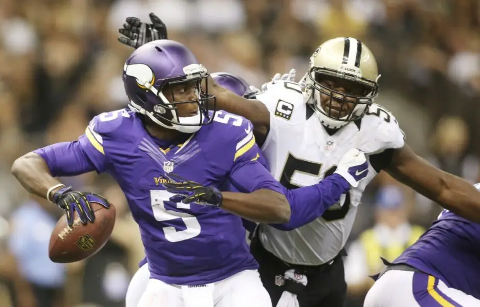 Sep 21, 2014; New Orleans, LA, USA; Minnesota Vikings quarterback Teddy Bridgewater (5) looks to pass the ball in front of New Orleans Saints middle linebacker Curtis Lofton (50) in the second half at the Mercedes-Benz Superdome. New Orleans defeated the Vikings 20-9. Mandatory Credit: Crystal LoGiudice-USA TODAY Sports (NFL News)