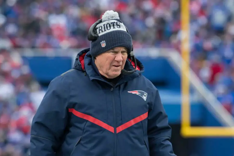 Jan 8, 2023; Orchard Park, New York, USA; New England Patriots head coach Bill Belichick on the sidelines in the second quarter game against the Buffalo Bills at Highmark Stadium. Mandatory Credit: Mark Konezny-USA TODAY Sports