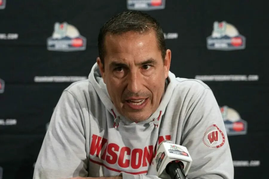 Dec 26, 2022; Scottsdale, Arizona, USA; Wisconsin Badgers coach Luke Fickell during Guaranteed Rate Bowl media day at the JW Marriott Camelback Inn. Mandatory Credit: Kirby Lee-USA TODAY Sports