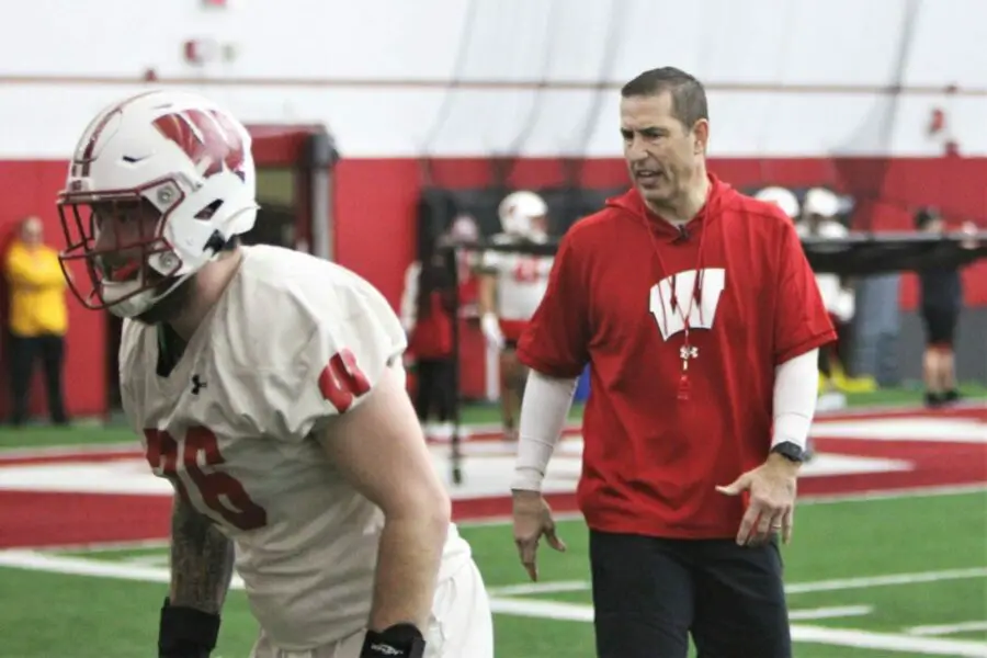 Wisconsin coach Luke Fickell watches defensive end Tommy Brunner go though a drill during the team's first spring practice on Saturday March 25, 2023 at the McClain Center in Madison, Wis. Uw Football Spring Practice 5 March 25 2023