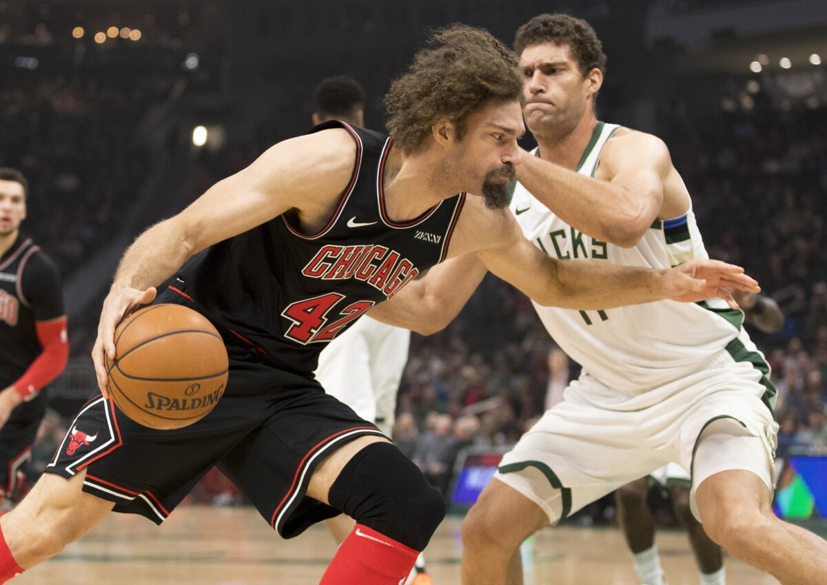 Nov 28, 2018; Milwaukee, WI, USA; Chicago Bulls center Robin Lopez (42) drives for the basket against Milwaukee Bucks center Brook Lopez (11) during the first quarter at Wisconsin Entertainment and Sports Center. Mandatory Credit: Jeff Hanisch-USA TODAY Sports