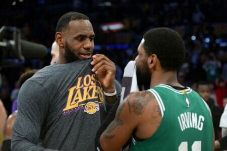March 9, 2019; Los Angeles, CA, USA; Los Angeles Lakers forward LeBron James (23) speaks with Boston Celtics guard Kyrie Irving (11) following the 120-107 loss at Staples Center. Mandatory Credit: Gary A. Vasquez-USA TODAY Sports (NBA News)
