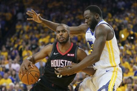 May 8, 2019; Oakland, CA, USA; Houston Rockets guard Chris Paul (3) dribbles the basketball against Golden State Warriors forward Draymond Green (23) during the second quarter in game five of the second round of the 2019 NBA Playoffs at Oracle Arena. Mandatory Credit: Kyle Terada-USA TODAY Sports (NBA News)