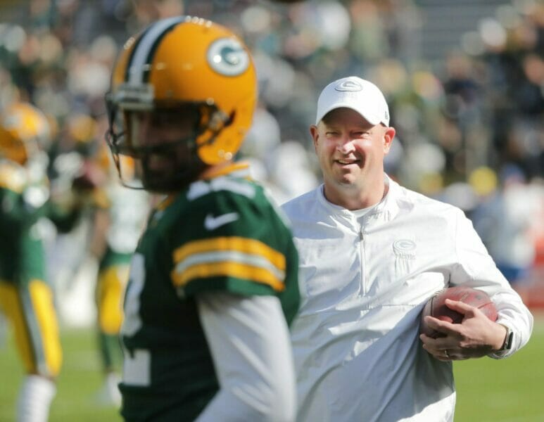 Former Green Bay Packers quarterback Aaron Rodgers with Nathaniel Hackett (Green Bay Packers News)