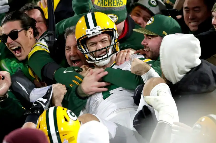 Green Bay Packers kicker Mason Crosby (2) celebrates with a Lambeau Leap after kicking the game winning field goal against the Detroit Lions during their football game Monday October 14, 2019, at Lambeau Field in Green Bay, Wis. The packers defeated the Lions 23 to 22.Wm. Glasheen/USA TODAY NETWORK-Wisconsin Apc Packers Vs Lions 1427 101419 Wag
