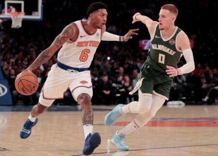 Dec 21, 2019; New York, New York, USA; New York Knicks guard Elfrid Payton (6) drives to the basket as Milwaukee Bucks guard Donte DiVincenzo (0) defends during the first quarter at Madison Square Garden. Mandatory Credit: Vincent Carchietta-USA TODAY Sports (NBA News)