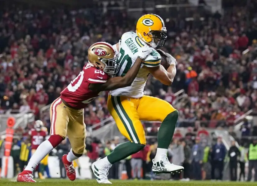 Jan 19, 2020; Santa Clara, California, USA; Green Bay Packers tight end Jimmy Graham (80) is tackled short of the goal line by San Francisco 49ers free safety Jimmie Ward (20) in the third quarter of the NFC Championship Game at Levi's Stadium. Mandatory Credit: Kyle Terada-USA TODAY Sports (NFL)
