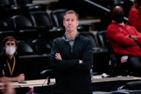 May 24, 2021; Denver, Colorado, USA; Portland Trail Blazers head coach Terry Stotts looks on in the second quarter against the Denver Nuggets during game two in the first round of the 2021 NBA Playoffs at Ball Arena. Mandatory Credit: Isaiah J. Downing-USA TODAY Sports (NBA News - Milwaukee Bucks)