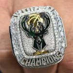 Oct 19, 2021; Milwaukee, Wisconsin, USA; A detail view of a Milwaukee Bucks NBA championship ring at Fiserv Forum. Mandatory Credit: Michael McLoone-USA TODAY Sports