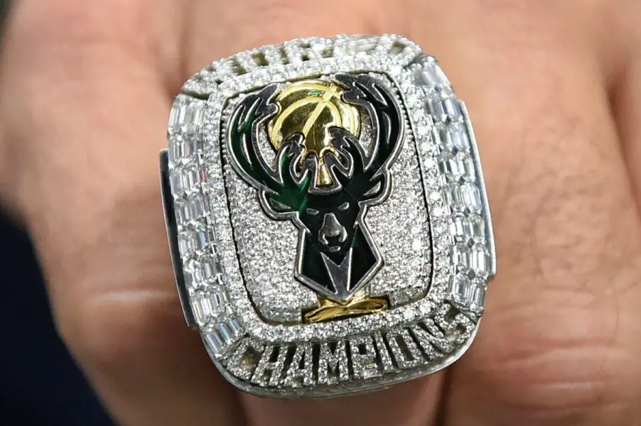 Oct 19, 2021; Milwaukee, Wisconsin, USA; A detail view of a Milwaukee Bucks NBA championship ring at Fiserv Forum. Mandatory Credit: Michael McLoone-USA TODAY Sports