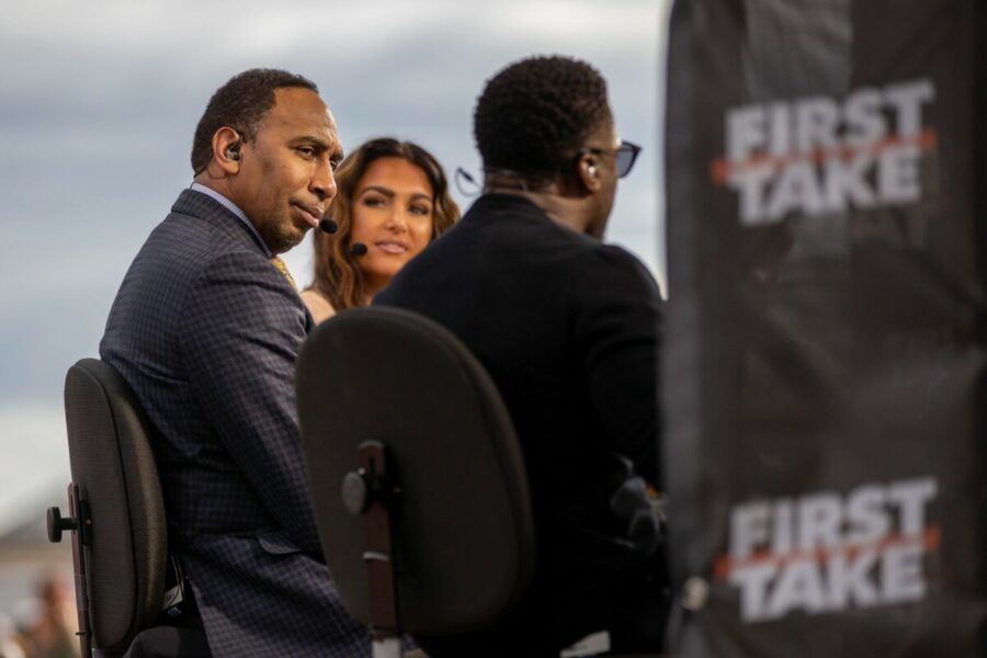 Sports commentator Stephen A. Smith gives comedian Kevin Heart a look during a live taping of ESPN's "First Take" at Florida A&M University's new Will Packer Performing Arts Amphitheater as part of the school's homecoming festivities Friday, Oct. 29, 2021. (NBA News) Famu Homecoming 102921 Ts 761