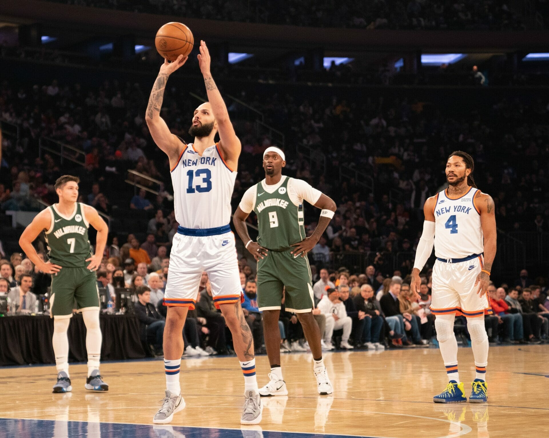 Dec 12, 2021; New York, New York, USA; New York Knicks shooting guard Evan Fournier (13) shoots a technical foul during the first half against the Milwaukee Bucks at Madison Square Garden. Mandatory Credit: Gregory Fisher-USA TODAY Sports (NBA News)