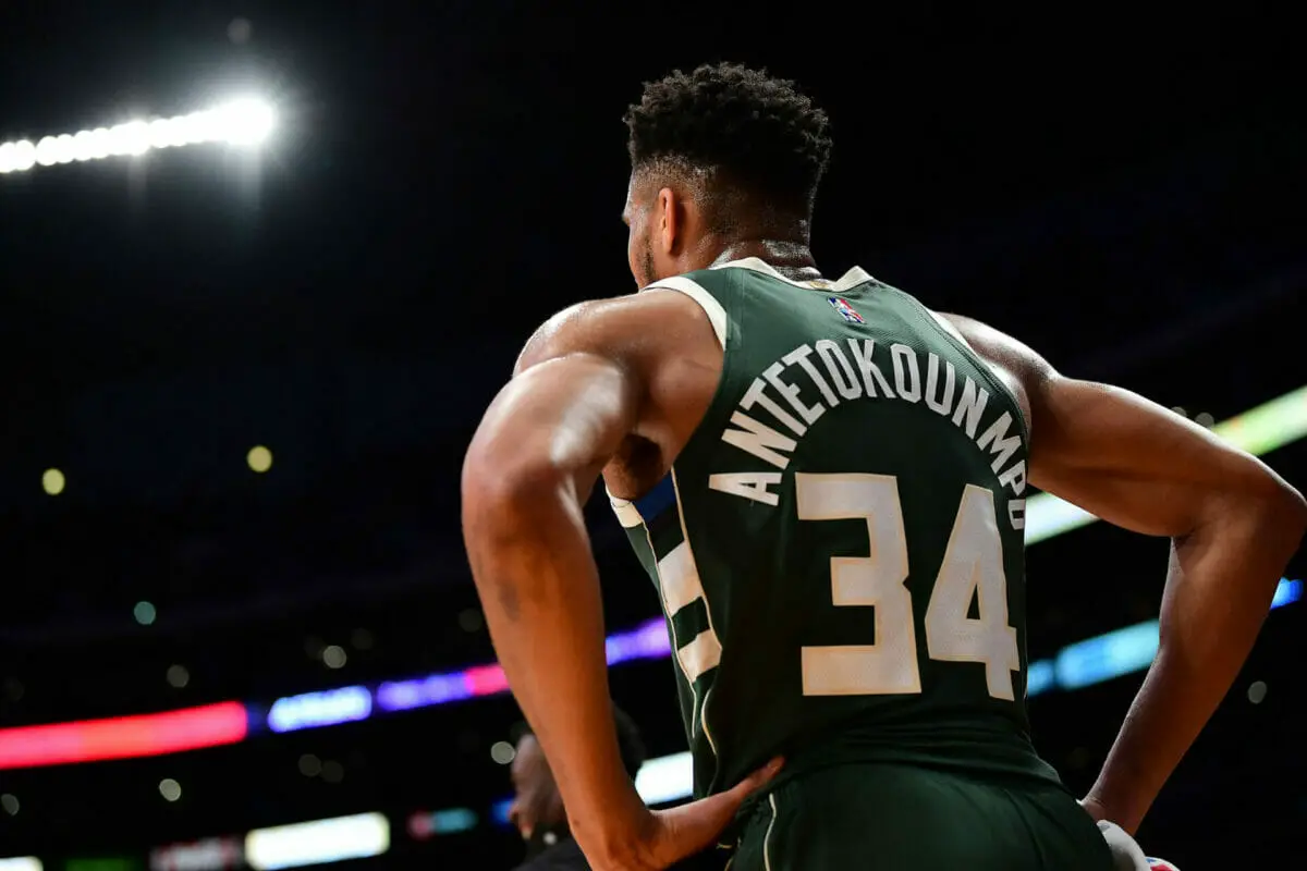 Feb 8, 2022; Los Angeles, California, USA; Milwaukee Bucks forward Giannis Antetokounmpo (34) watches game action agianst the Los Angeles Lakers during the first half at Crypto.com Arena. Mandatory Credit: Gary A. Vasquez-USA TODAY Sports (NBA News, NBA Rumors)