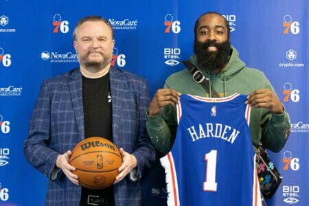 Feb 15, 2022; Camden, NJ, USA; Philadelphia 76ers guard James Harden (1) and president of basketball operations Daryl Morey (L) pose for a photo after speaking with the media at Philadelphia 76ers Training Complex. Mandatory Credit: Bill Streicher-USA TODAY Sports (NBA News)