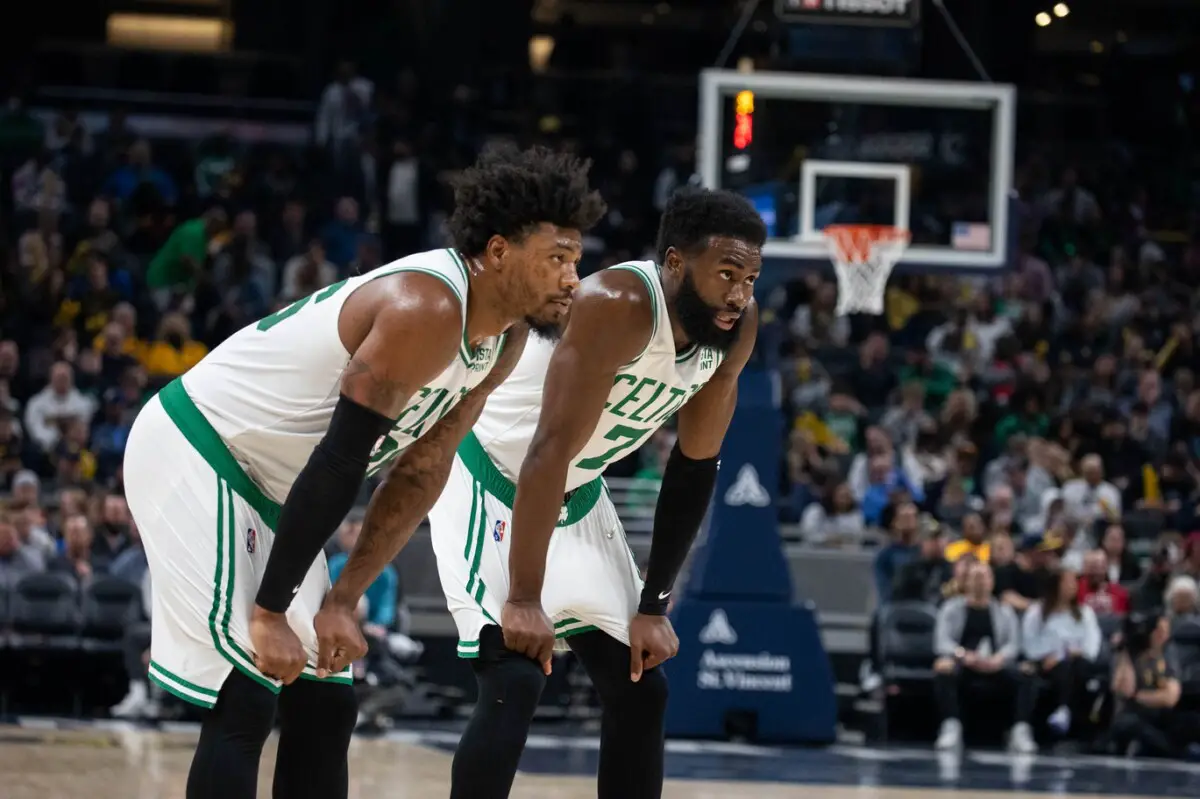Feb 27, 2022; Indianapolis, Indiana, USA; Boston Celtics guard Marcus Smart (36) and guard Jaylen Brown (7) in the first half against the Indiana Pacers at Gainbridge Fieldhouse. Mandatory Credit: Trevor Ruszkowski-USA TODAY Sports (NBA News)