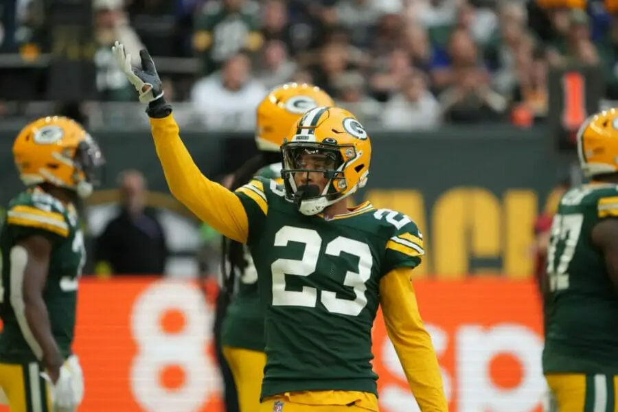 Oct 9, 2022; London, United Kingdom; Green Bay Packers cornerback Jaire Alexander (23) gestures in the fourth quarter against the New York Giants during an NFL International Series game at Tottenham Hotspur Stadium. Mandatory Credit: Kirby Lee-USA TODAY Sports (Davante Adams)