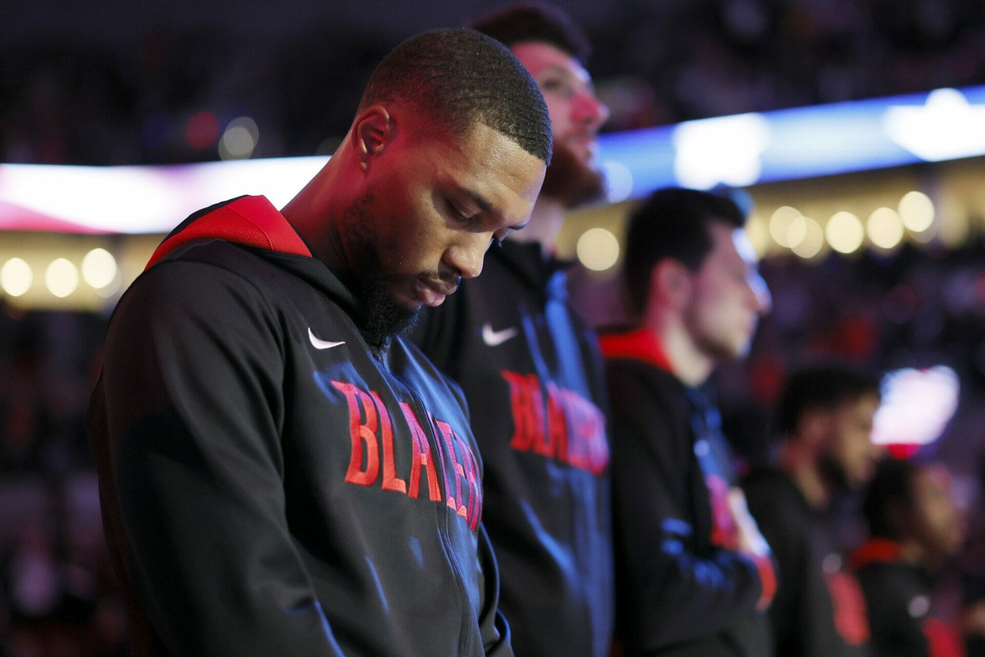 Oct 26, 2022; Portland, Oregon, USA; Portland Trail Blazers point guard Damian Lillard (0) stands during the national anthem before the game against the Miami Heat at Moda Center. Mandatory Credit: Soobum Im-USA TODAY Sports (NBA News)