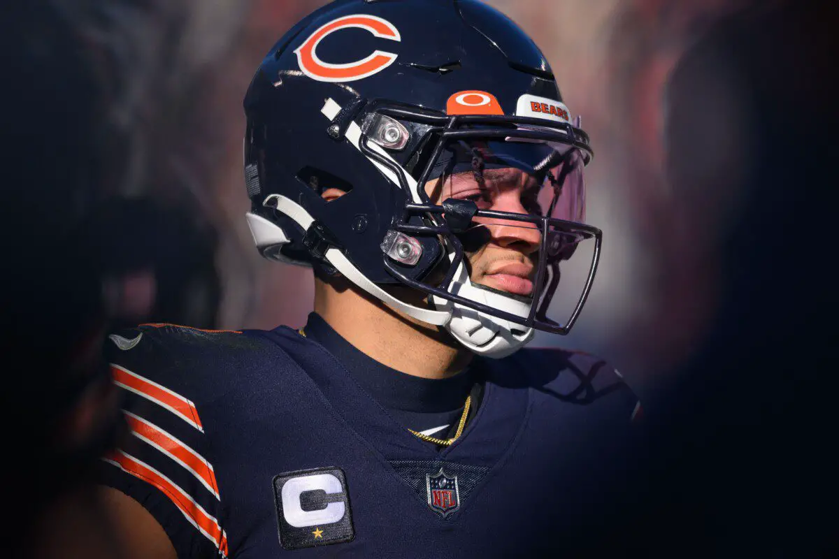 Dec 4, 2022; Chicago, Illinois, USA; Chicago Bears quarterback Justin Fields (1) looks on in the second quarter against the Green Bay Packers at Soldier Field. Mandatory Credit: Daniel Bartel-USA TODAY Sports (NFL News)