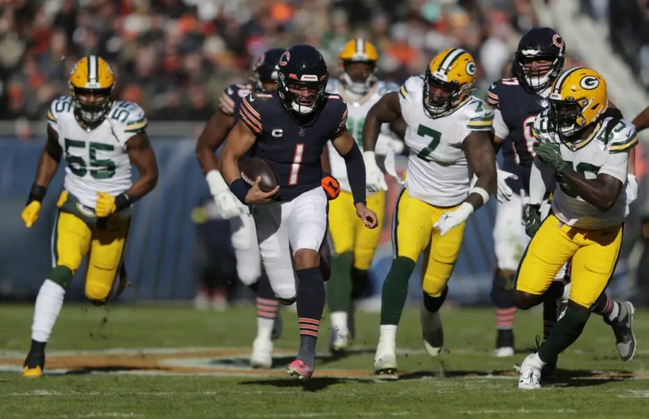 Dec 4, 2022; Chicago, Illinois, USA; Chicago Bears quarterback Justin Fields (1) breaks away for a long touchdown run in the first quarter agains the Green Bay Packers during their football game Sunday, December 4, at Soldier Field in Chicago, IL. Mandatory Credit: Dan Powers-USA TODAY Sports (NFL News)