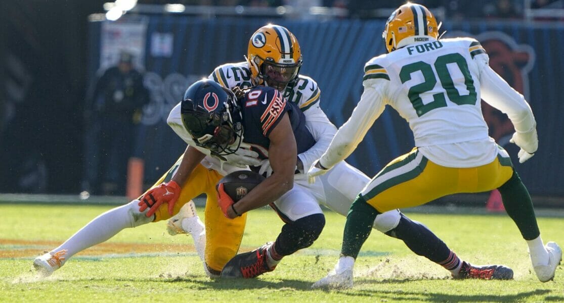 Green Bay Packers cornerback Rasul Douglas (29) forces a fumble by Chicago Bears wide receiver Chase Claypool (10) during the second quarter of their game Sunday, December 4, 2022 at Soldier Field in Chicago, Ill. The fumble was recovered by safety Rudy Ford (20). Packers04 16 (Packers News)