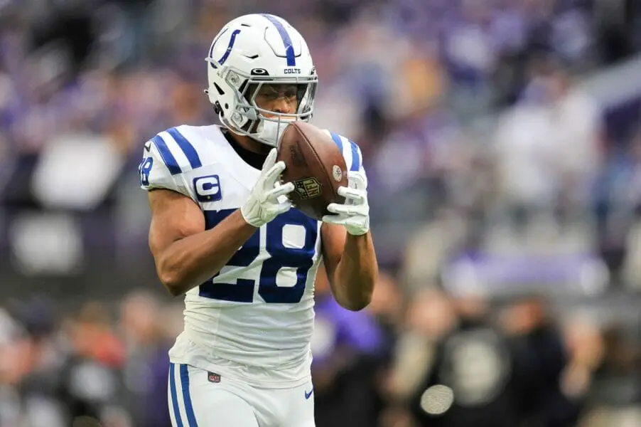 Dec 17, 2022; Minneapolis, Minnesota, USA; Indianapolis Colts running back Jonathan Taylor (28) warms up before the game against the Minnesota Vikings at U.S. Bank Stadium. Mandatory Credit: Jeffrey Becker-USA TODAY Sports (Miami Dolphins - NFL)
