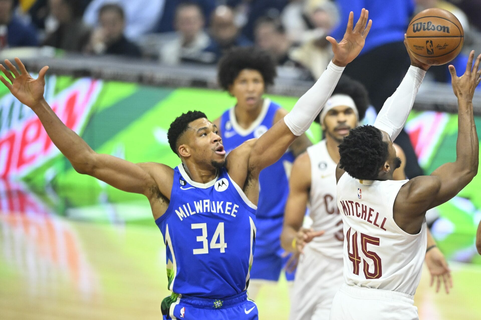 Dec 21, 2022; Cleveland, Ohio, USA; Milwaukee Bucks forward Giannis Antetokounmpo (34) defends Cleveland Cavaliers guard Donovan Mitchell (45) in the first quarter at Rocket Mortgage FieldHouse. Mandatory Credit: David Richard-USA TODAY Sports (NBA Rumors)