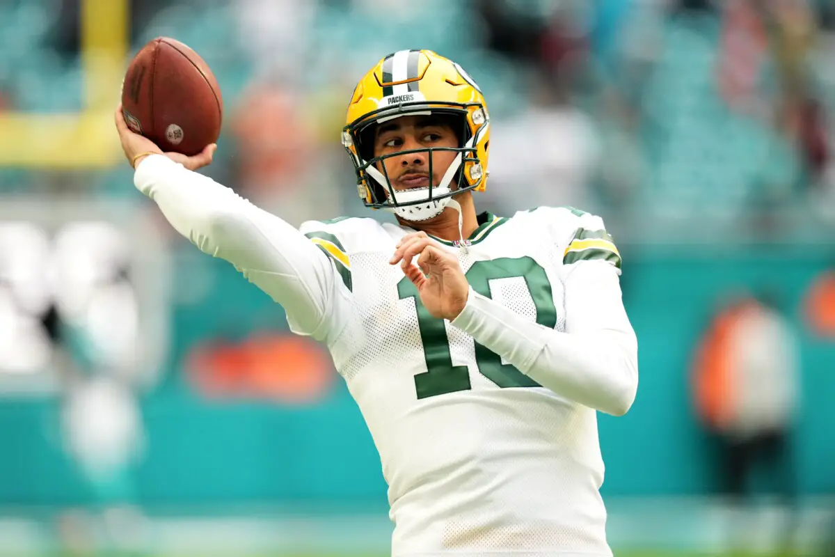 Dec 25, 2022; Miami Gardens, Florida, USA; Green Bay Packers quarterback Jordan Love (10) warms up prior to the game against the Miami Dolphins at Hard Rock Stadium. Mandatory Credit: Jasen Vinlove-USA TODAY Sports