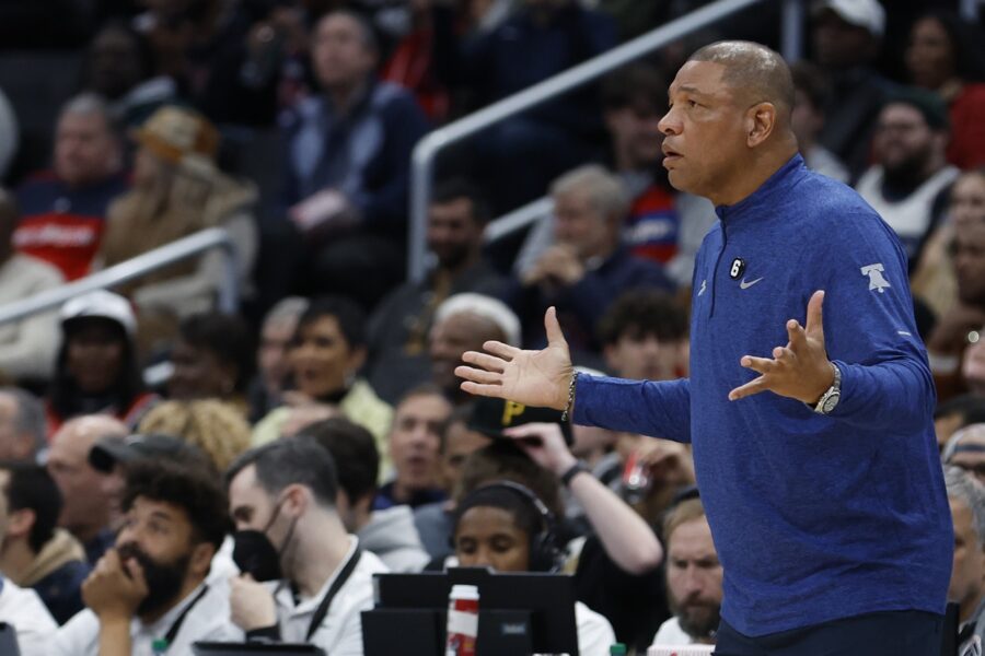 Dec 27, 2022; Washington, District of Columbia, USA; Philadelphia 76ers head coach Doc Rivers gestures from the bench against the Washington Wizards in the second quarter at Capital One Arena. Mandatory Credit: Geoff Burke-USA TODAY Sports (NBA Rumors)