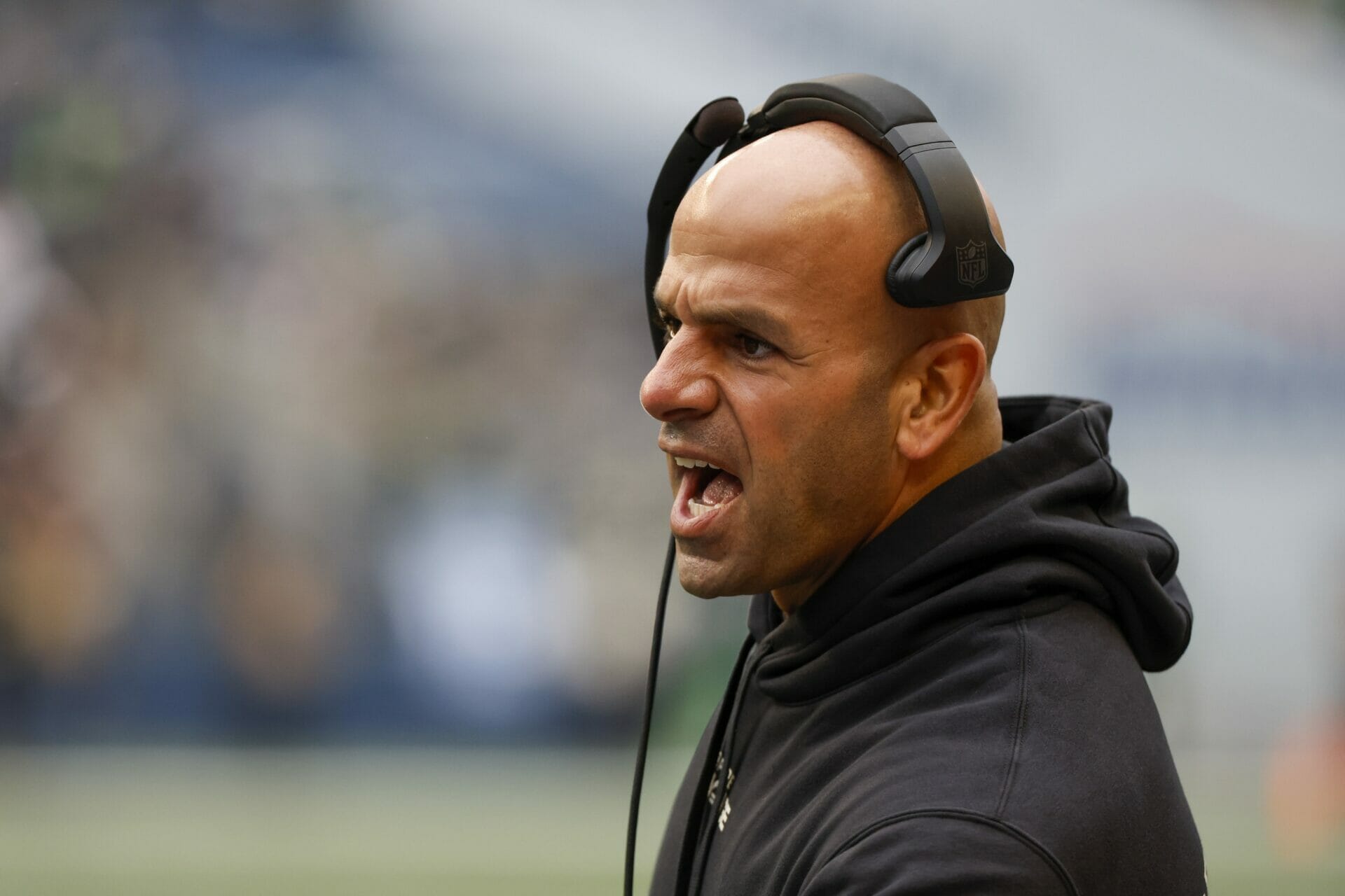 Jan 1, 2023; Seattle, Washington, USA; New York Jets head coach Robert Saleh reacts to a play against the Seattle Seahawks during the second quarter at Lumen Field. Mandatory Credit: Joe Nicholson-USA TODAY Sports (NFL News)