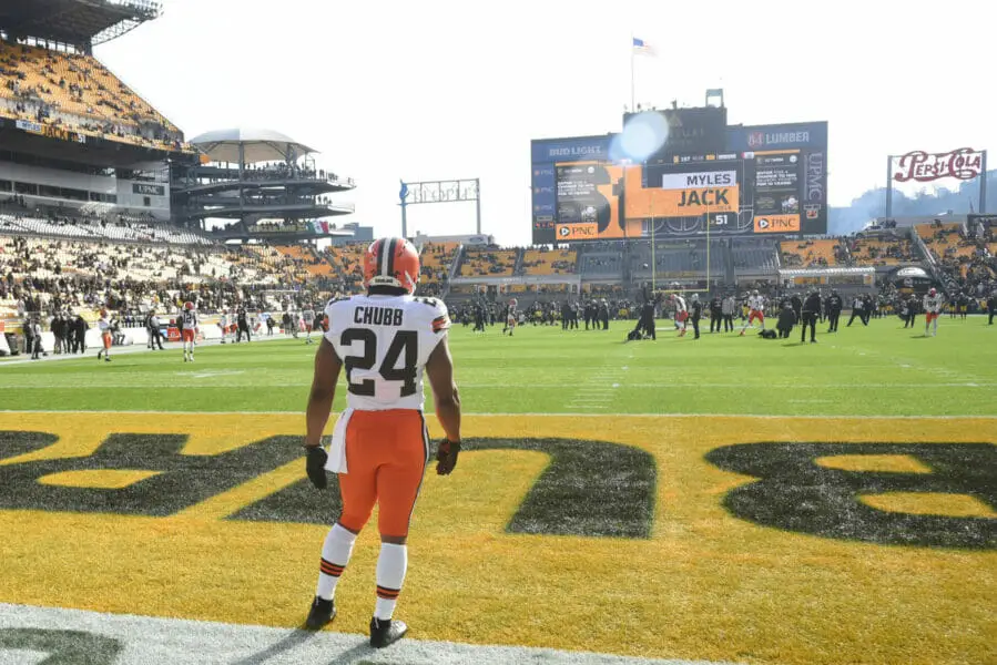 Jan 8, 2023; Pittsburgh, Pennsylvania, USA; Cleveland Browns running back Nick Chubb (24) before playing the Pittsburgh Steelers at Acrisure Stadium. Mandatory Credit: Philip G. Pavely-USA TODAY Sports (NFL)