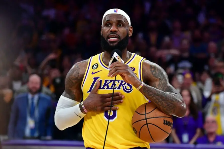Feb 7, 2023; Los Angeles, California, USA; Los Angeles Lakers forward LeBron James (6) speaks after breaking the record for all-time scoring in the NBA during the third quarter against the Oklahoma City Thunder at Crypto.com Arena. Mandatory Credit: Gary A. Vasquez-USA TODAY Sports (NBA News)