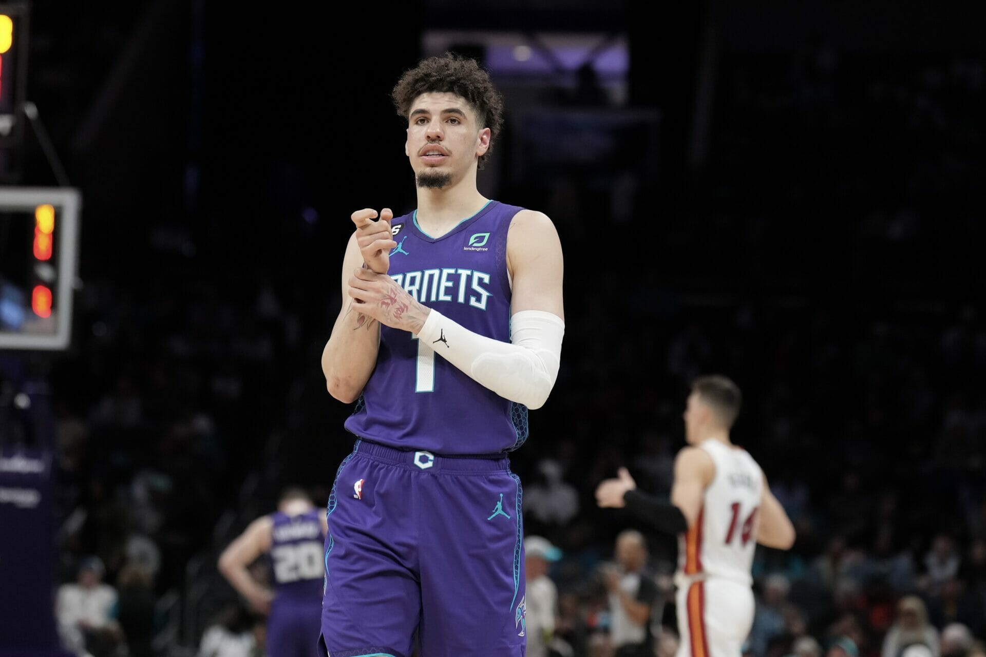 Feb 25, 2023; Charlotte, North Carolina, USA; Charlotte Hornets guard LaMelo Ball (1) on the floor in the second quarter against the Miami Heat at Spectrum Center. Mandatory Credit: David Yeazell-USA TODAY Sports (NBA News)