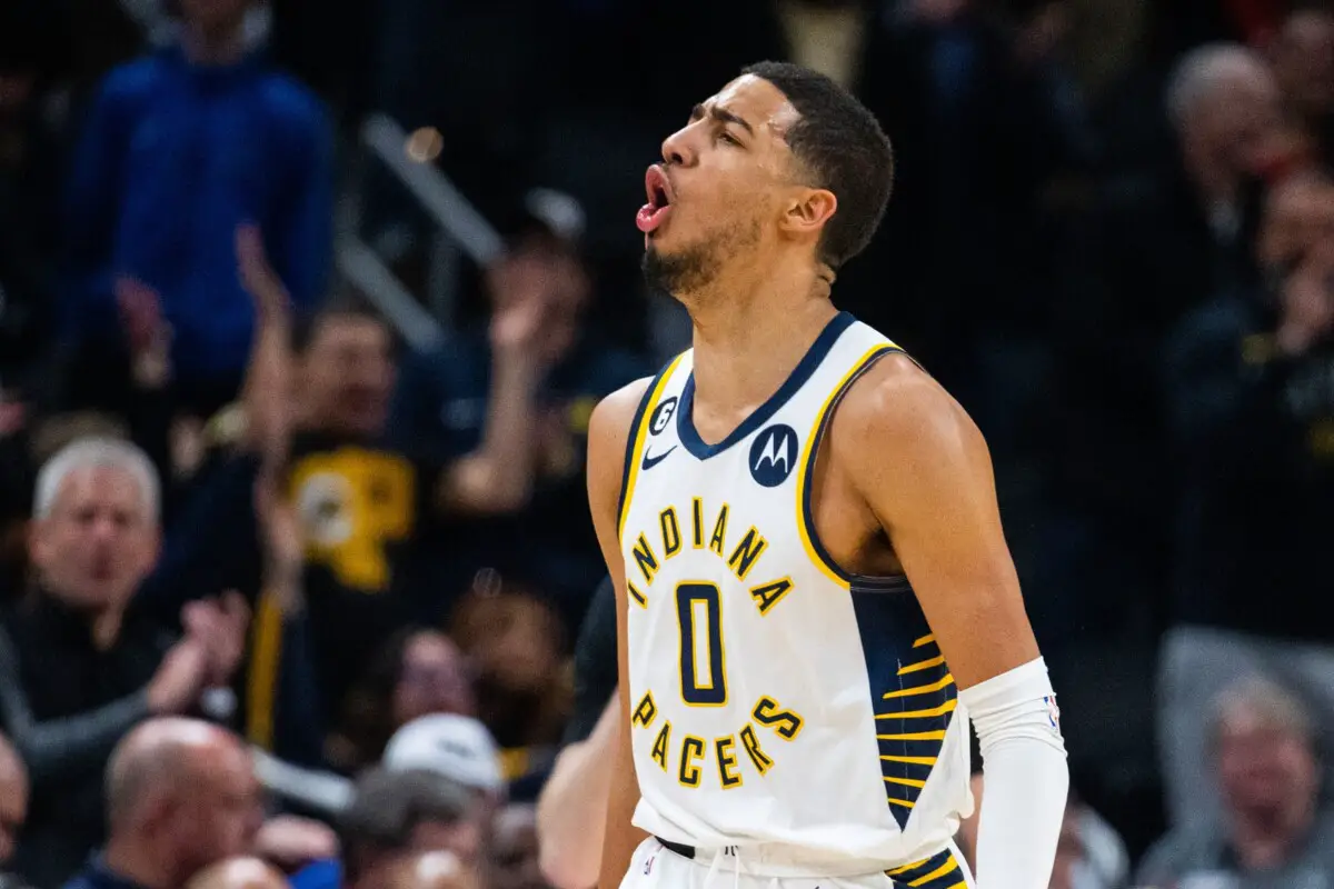 Mar 9, 2023; Indianapolis, Indiana, USA; Indiana Pacers guard Tyrese Haliburton (0) celebrates a made shot in the overtime against the Houston Rockets at Gainbridge Fieldhouse. Mandatory Credit: Trevor Ruszkowski-USA TODAY Sports (NBA News - Bucks)