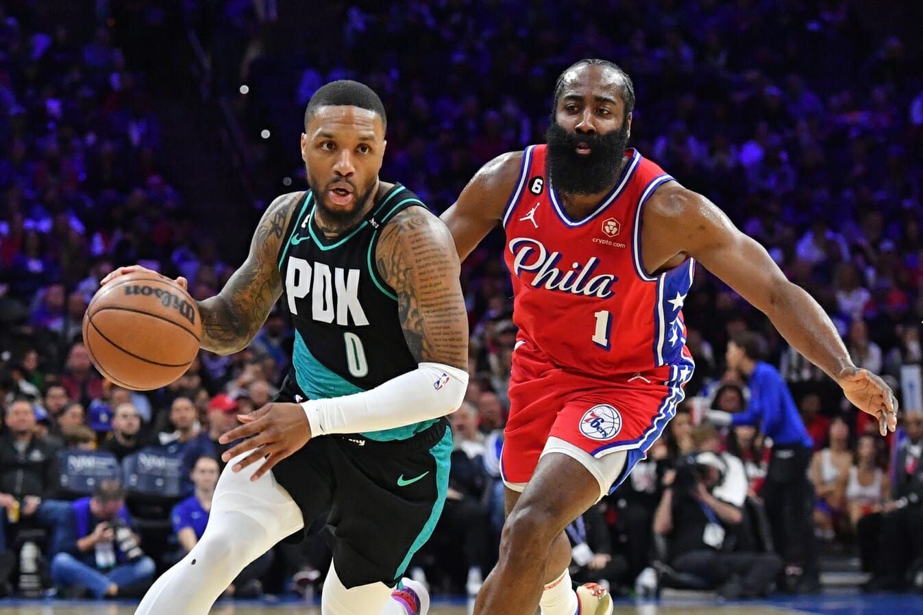 Mar 10, 2023; Philadelphia, Pennsylvania, USA; Portland Trail Blazers guard Damian Lillard (0) drives to the basket against Philadelphia 76ers guard James Harden (1) during the second quarter at Wells Fargo Center. Mandatory Credit: Eric Hartline-USA TODAY Sports (NBA Rumors)