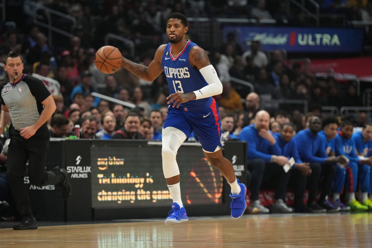 Mar 21, 2023; Los Angeles, California, USA; LA Clippers forward Paul George (13) dribbles the ball against the Oklahoma City Thunder in the first half at Crypto.com Arena. Mandatory Credit: Kirby Lee-USA TODAY Sports (NBA Rumors)