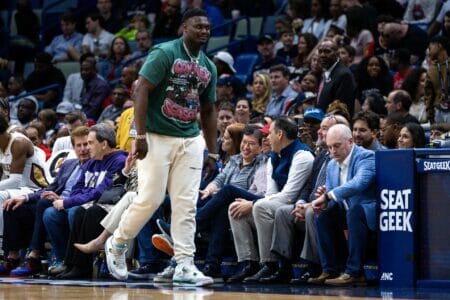 Mar 23, 2023; New Orleans, Louisiana, USA; New Orleans Pelicans forward Zion Williamson (1) talks to fans on a time out against the Charlotte Hornets during the second half at Smoothie King Center. Mandatory Credit: Stephen Lew-USA TODAY Sports (NBA News)