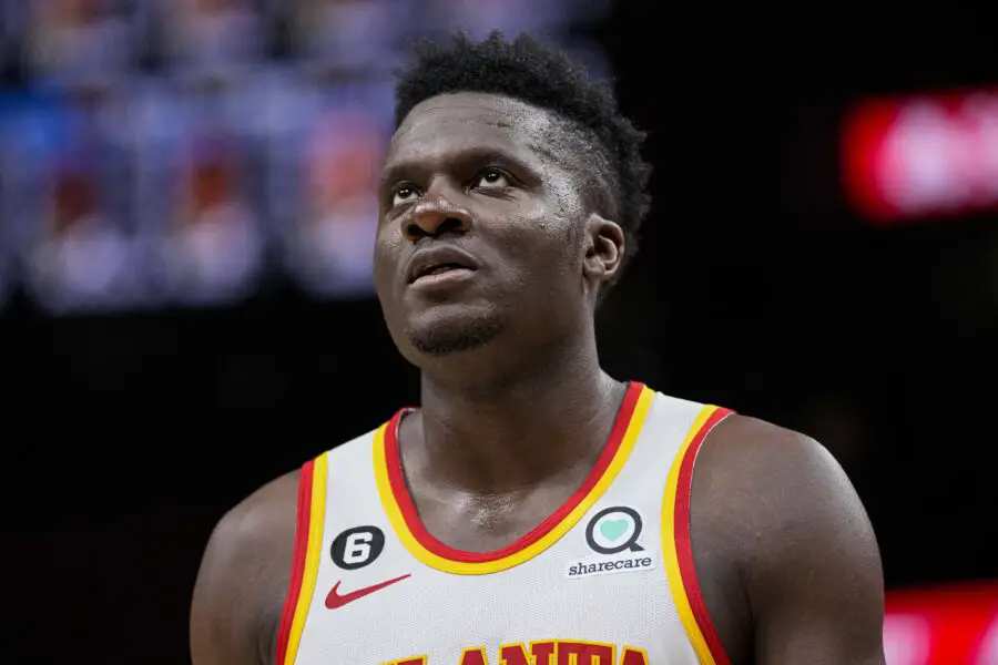 Mar 26, 2023; Atlanta, Georgia, USA; Atlanta Hawks center Clint Capela (15) reacts after a call during the game against the Memphis Grizzlies during the second half at State Farm Arena. Mandatory Credit: Dale Zanine-USA TODAY Sports (NBA Rumors)