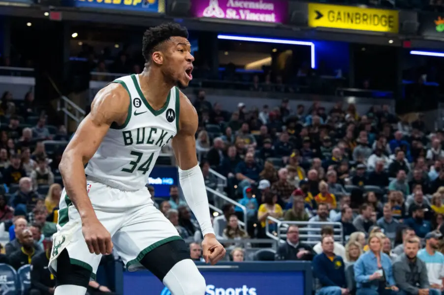Mar 29, 2023; Indianapolis, Indiana, USA; Milwaukee Bucks forward Giannis Antetokounmpo (34) reacts to a missed call in the first quarter against the Indiana Pacers at Gainbridge Fieldhouse. Mandatory Credit: Trevor Ruszkowski-USA TODAY Sports (NBA News)