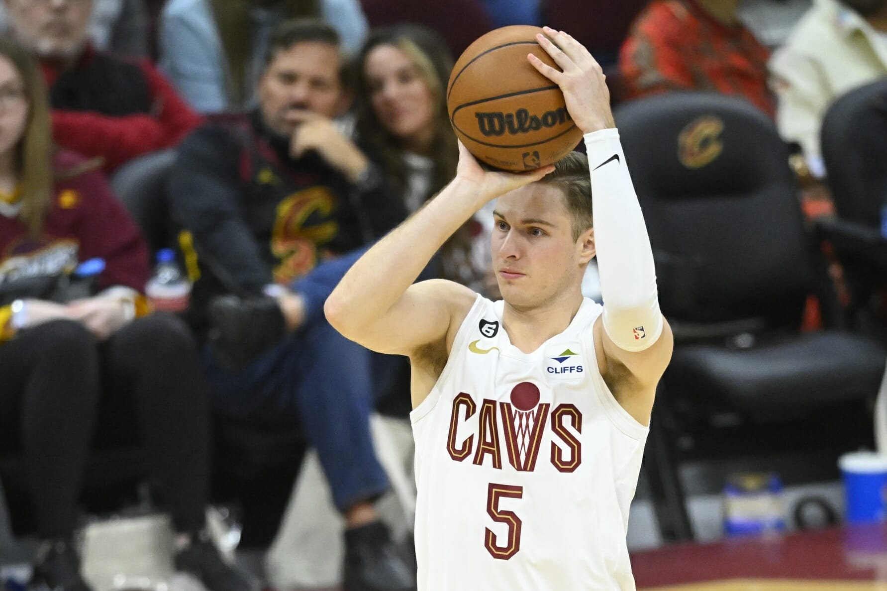 Apr 9, 2023; Cleveland, Ohio, USA; Cleveland Cavaliers guard Sam Merrill (5) shoots in the third quarter against the Charlotte Hornets at Rocket Mortgage FieldHouse. Mandatory Credit: David Richard-USA TODAY Sports (NBA News)