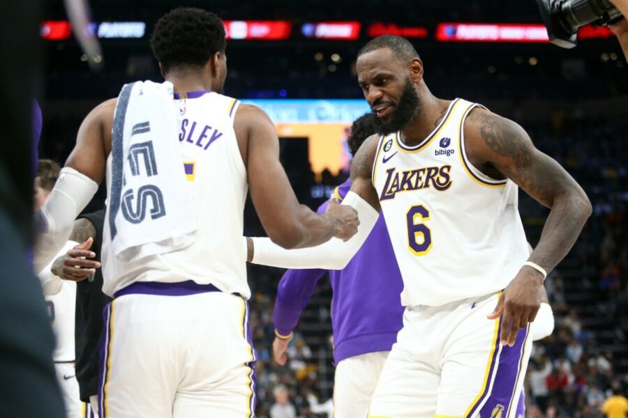 Apr 16, 2023; Memphis, Tennessee, USA; Los Angeles Lakers forward LeBron James (6) reacts with guard Malik Beasley (5) during the second half during game one of the 2023 NBA playoffs against the Memphis Grizzlies at FedExForum. Mandatory Credit: Petre Thomas-USA TODAY Sports (NBA NewS - Milwaukee Bucks)