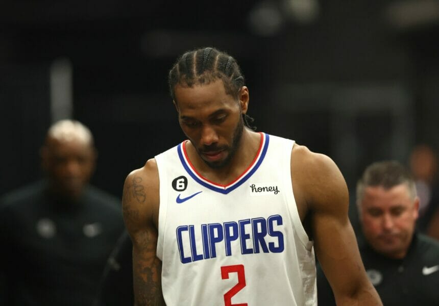 Apr 18, 2023; Phoenix, Arizona, USA; Los Angeles Clippers forward Kawhi Leonard (2) reacts following the game against the Phoenix Suns during game two of the 2023 NBA playoffs at Footprint Center. Mandatory Credit: Mark J. Rebilas-USA TODAY Sports (NBA RUmors)