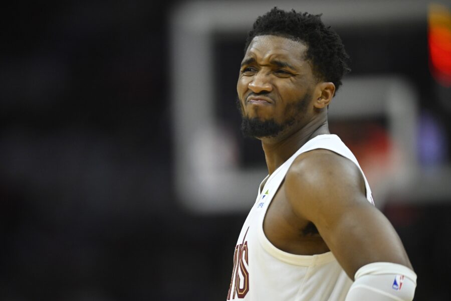 Apr 26, 2023; Cleveland, Ohio, USA; Cleveland Cavaliers guard Donovan Mitchell (45) reacts in the third quarter during game five of the 2023 NBA playoffs against the New York Knicks at Rocket Mortgage FieldHouse. Mandatory Credit: David Richard-USA TODAY Sports (NBA Rumors)