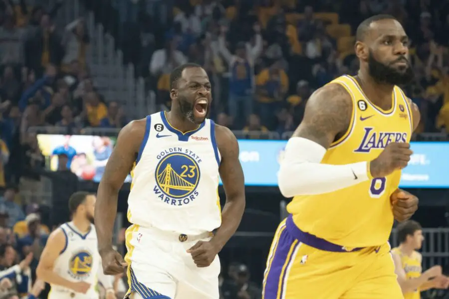 May 10, 2023; San Francisco, California, USA; Golden State Warriors forward Draymond Green (23) celebrates against Los Angeles Lakers forward LeBron James (6) during the first quarter in game five of the 2023 NBA playoffs conference semifinals round at Chase Center. Mandatory Credit: Kyle Terada-USA TODAY Sports (NBA News)