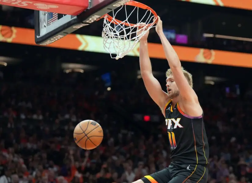 May 11, 2023; Phoenix, Arizona, USA; Phoenix Suns center Jock Landale (11) dunks against the Denver Nuggets during the first half of game six of the 2023 NBA playoffs at Footprint Center. Mandatory Credit: Joe Camporeale-USA TODAY Sports (NBA News)