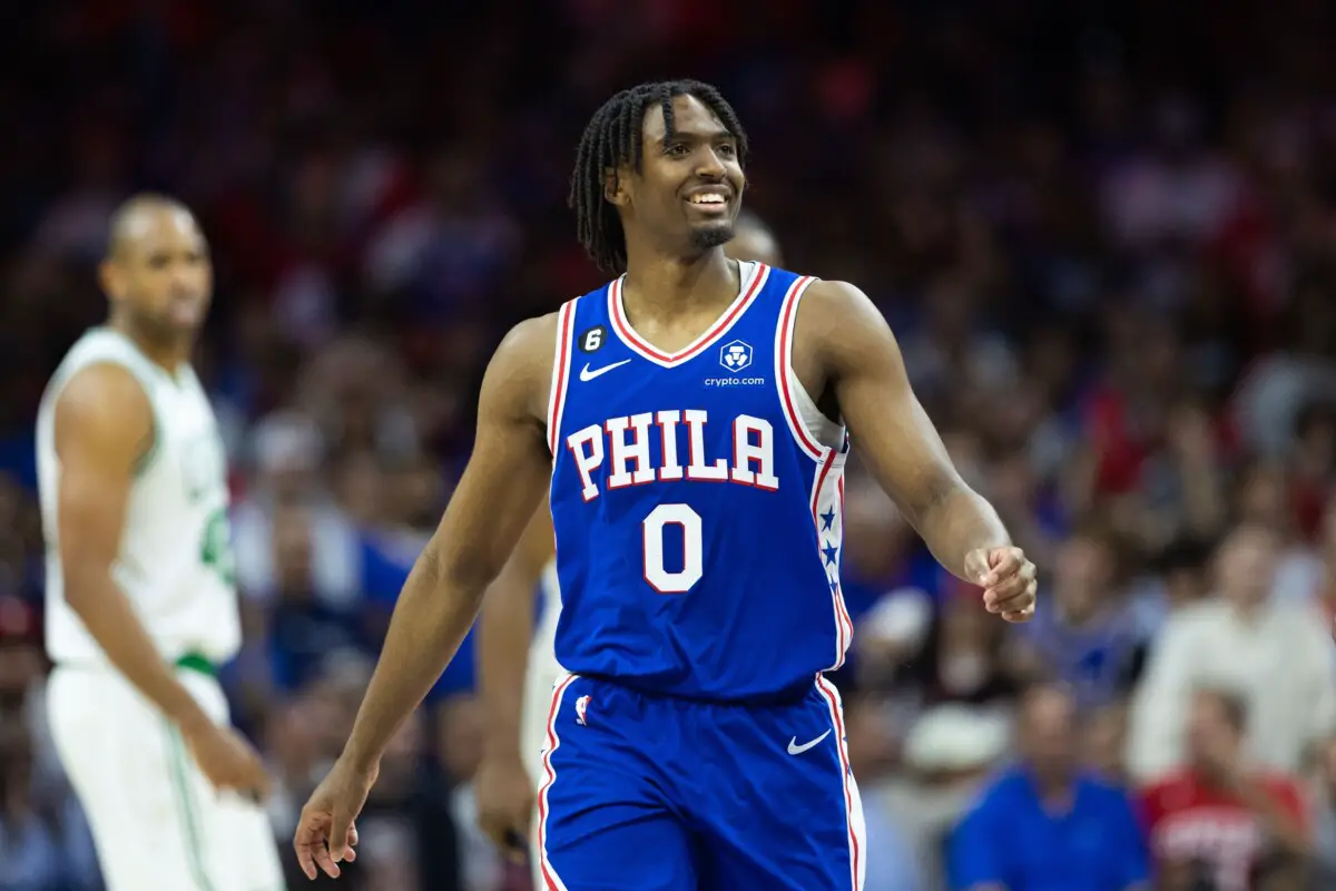 May 11, 2023; Philadelphia, Pennsylvania, USA; Philadelphia 76ers guard Tyrese Maxey (0) smiles after a play against the Boston Celtics during the fourth quarter in game six of the 2023 NBA playoffs at Wells Fargo Center. Mandatory Credit: Bill Streicher-USA TODAY Sports (NBA Rumors)