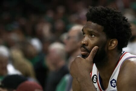 May 14, 2023; Boston, Massachusetts, USA; Philadelphia 76ers center Joel Embiid (21) sits on the bench during the final moments of their loss to the Boston Celtics in game seven of the 2023 NBA playoffs at TD Garden. Mandatory Credit: Winslow Townson-USA TODAY Sports (NBA News)